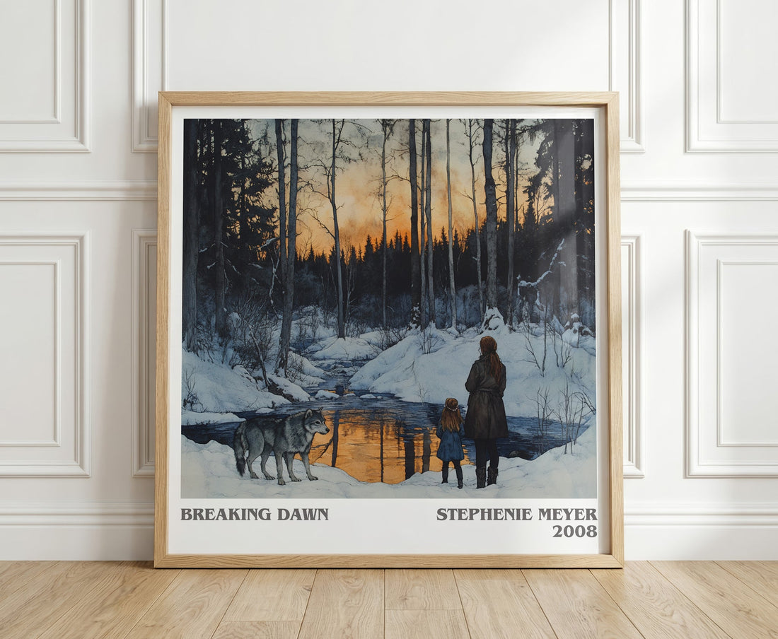 Breaking Dawn literary print in frame leaning in hallway – romance wall art (mockup)