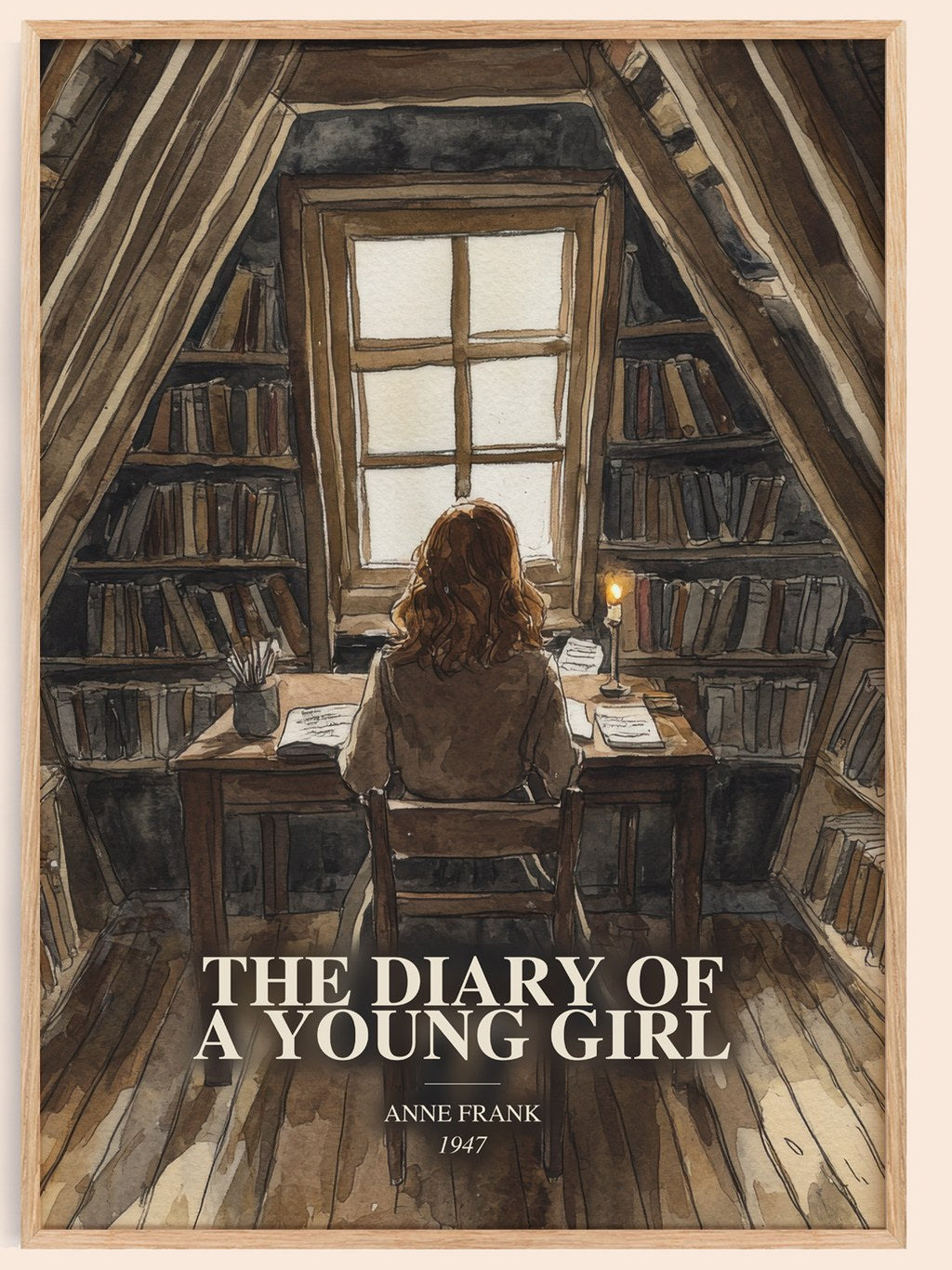 The Diary Of A Young Girl watercolour book poster by Anne Frank – framed literary art print