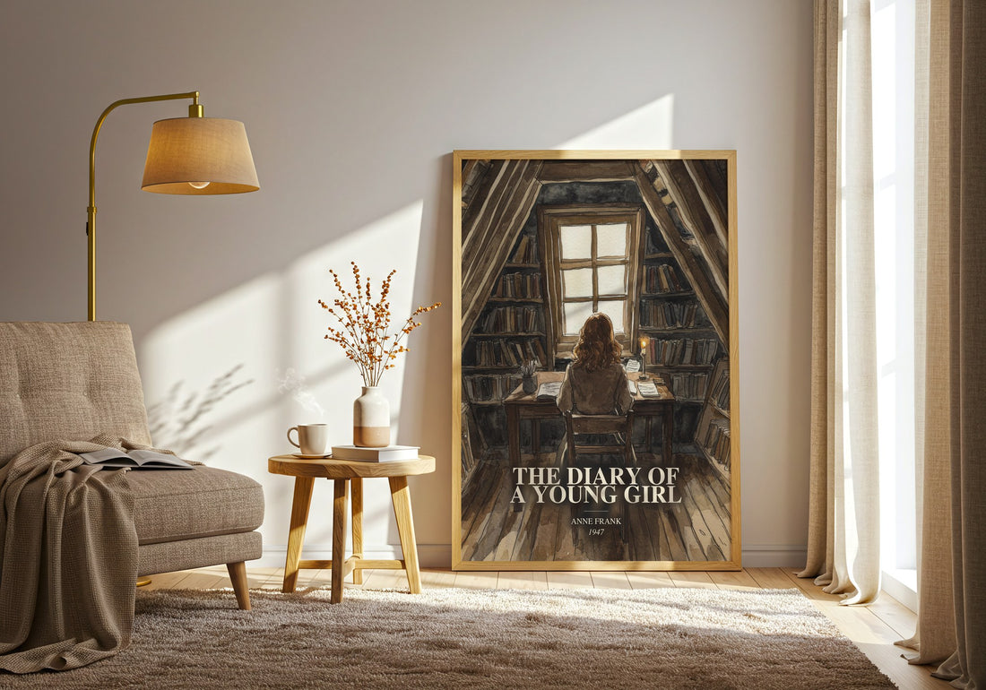 The Diary Of A Young Girl watercolour print in frame leaning in hallway – memoir wall art (mockup)