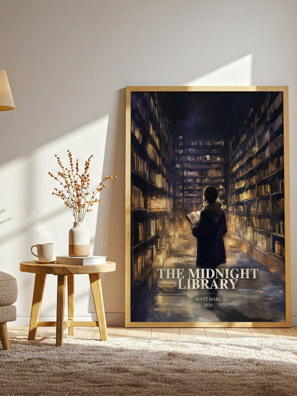 The Midnight Library watercolour print in frame leaning in hallway – contemporary fiction wall art