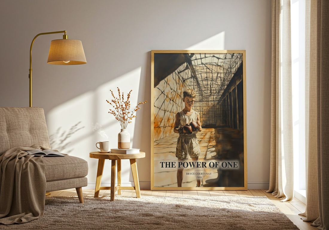 The Power Of One watercolour print in frame leaning in hallway – historical fiction wall art (mockup)