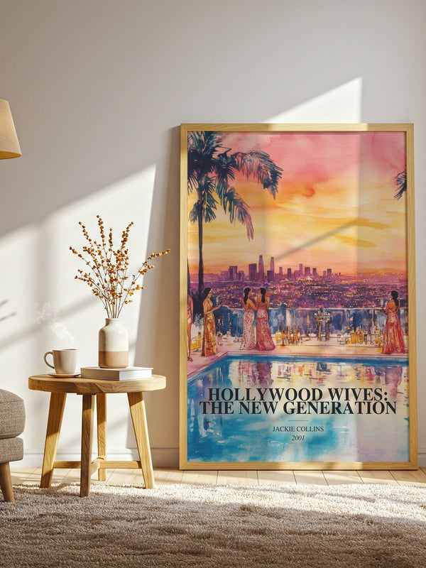 Hollywood Wives: The New Generation watercolour print in frame leaning in hallway – contemporary fiction wall art