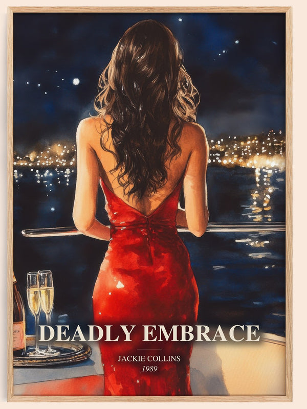 Deadly Embrace watercolour book poster by Jackie Collins – framed literary art print
