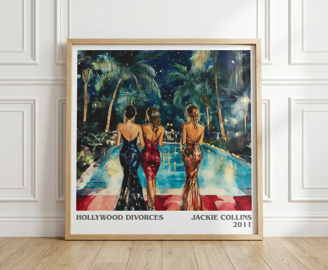 Hollywood Divorces literary print in frame leaning in hallway – romance wall art (mockup)