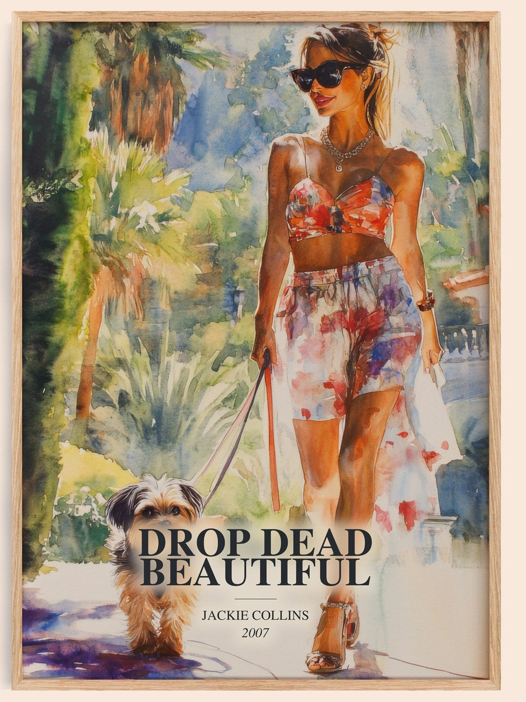 Drop Dead Beautiful watercolour book poster by Jackie Collins – framed literary art print