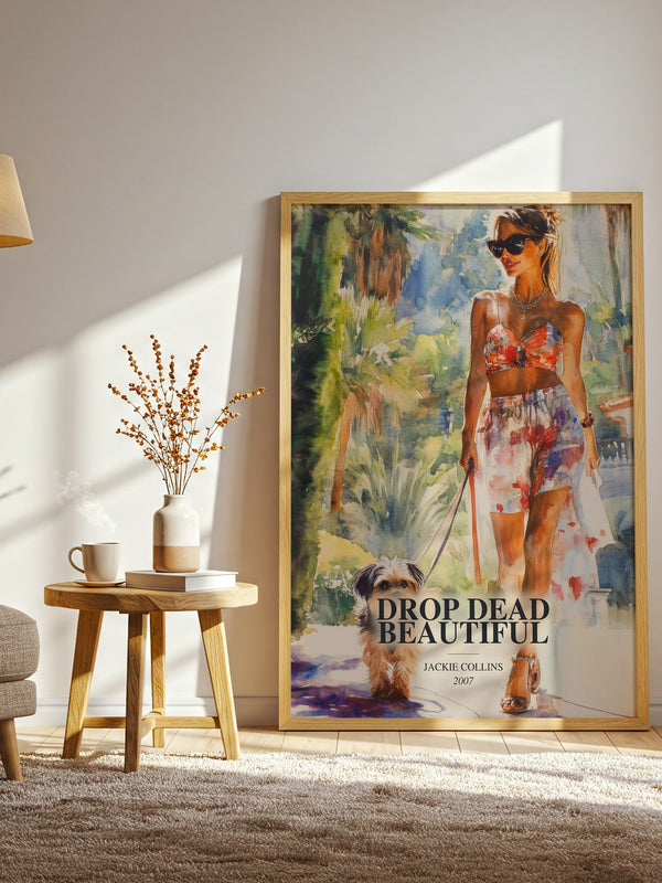 Drop Dead Beautiful watercolour print in frame leaning in hallway – romance wall art