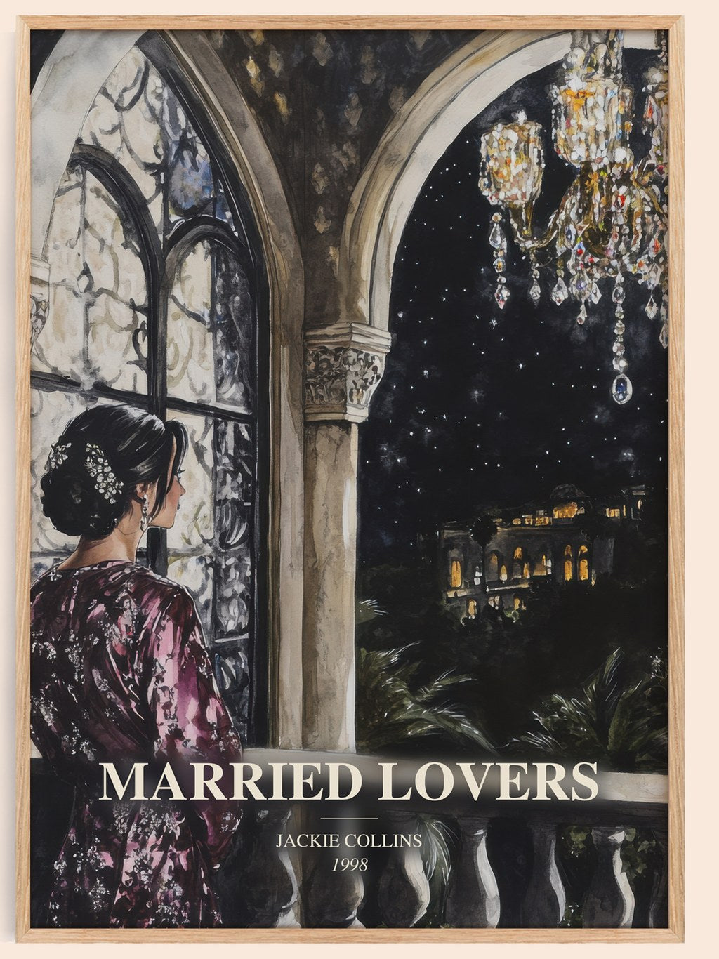 Married Lovers watercolour book poster by Jackie Collins – framed literary art print