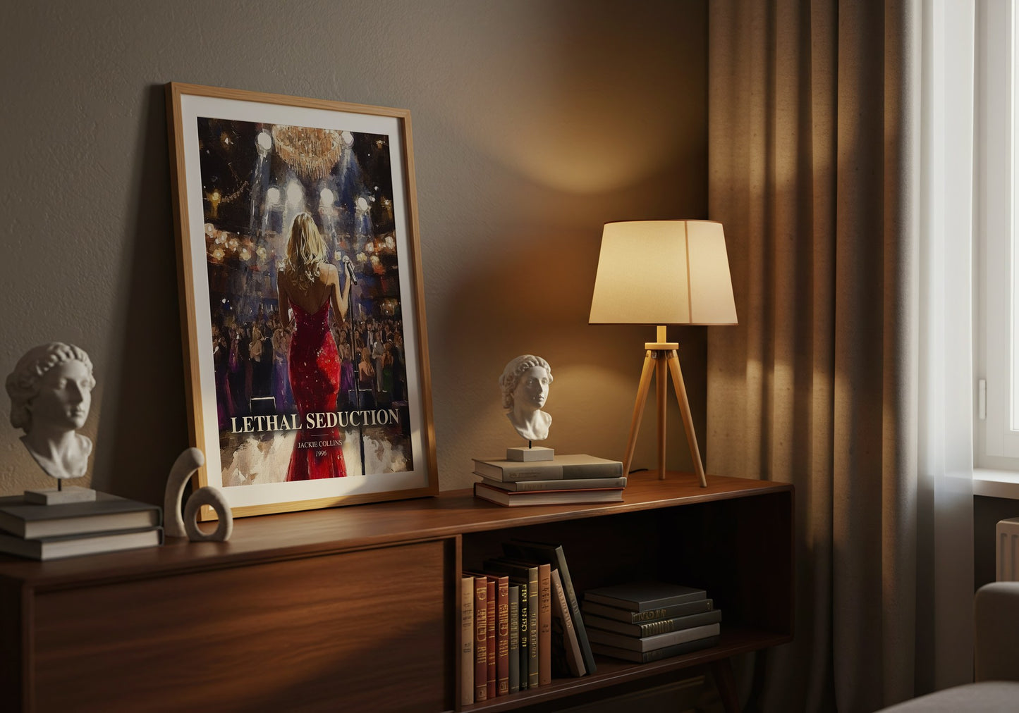 Lethal Seduction watercolour print on bookshelf – Jackie Collins fan gift