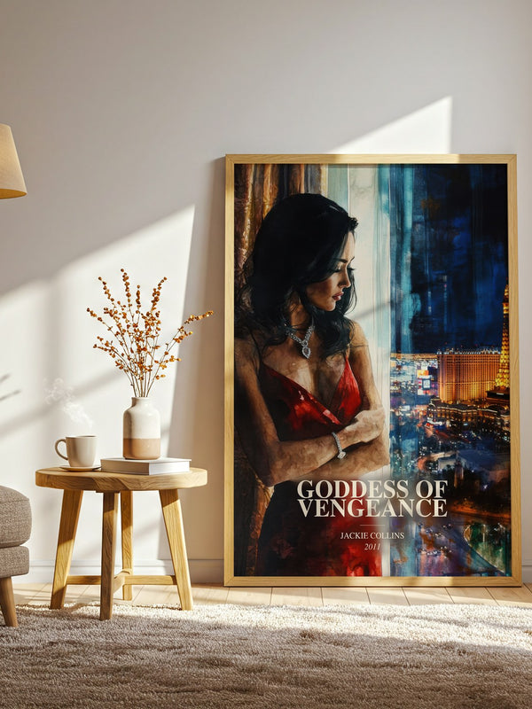 Goddess Of Vengeance watercolour print in frame leaning in hallway – contemporary fiction wall art