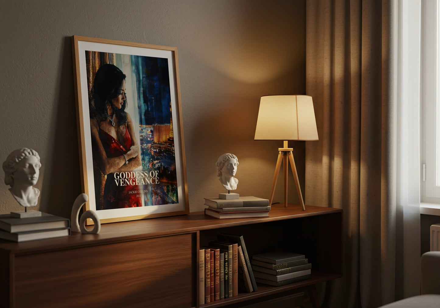Goddess Of Vengeance watercolour print on bookshelf – Jackie Collins fan gift