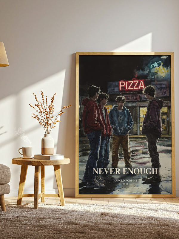 Never Enough watercolour print in frame leaning in hallway – thriller wall art