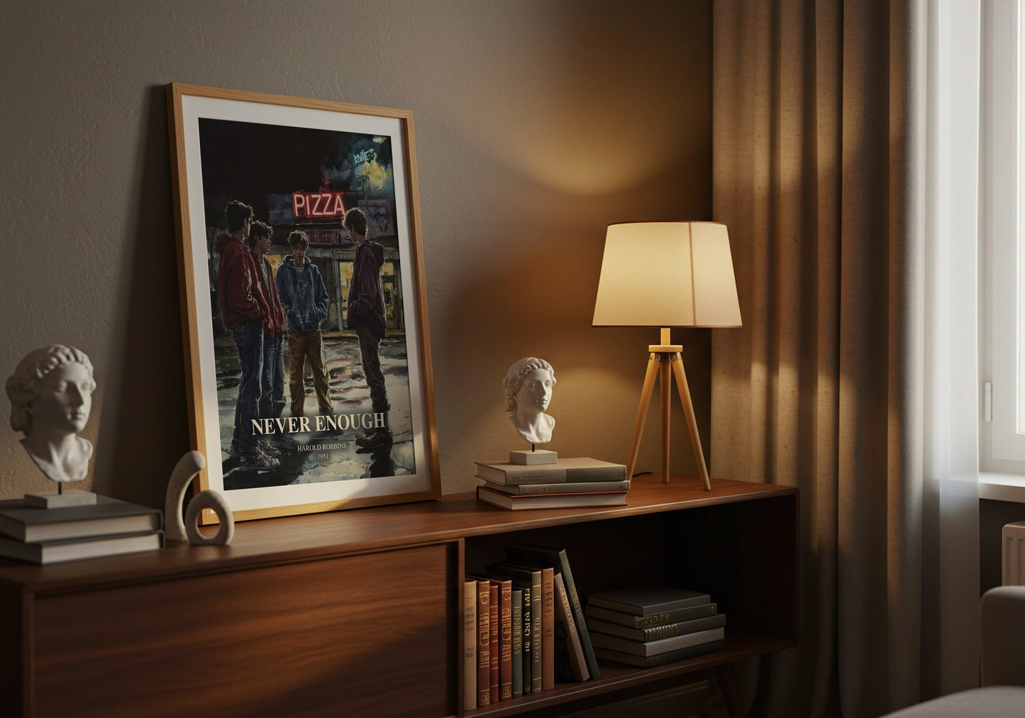 Never Enough watercolour print on bookshelf – Harold Robbins fan gift