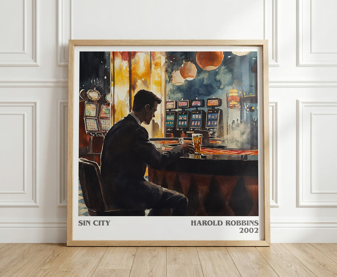 Sin City literary print in frame leaning in hallway – romance wall art (mockup)