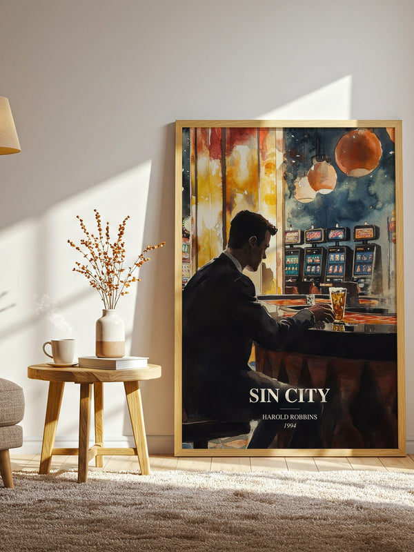 Sin City watercolour print in frame leaning in hallway – thriller wall art