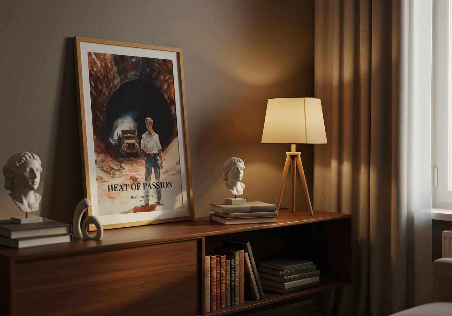 Heat Of Passion watercolour print on bookshelf – Harold Robbins fan gift