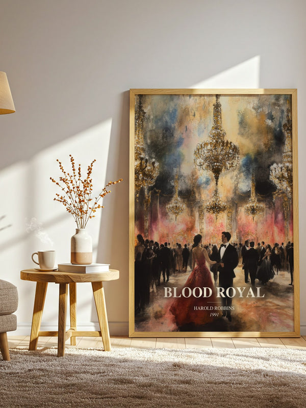 Blood Royal watercolour print in frame leaning in hallway – thriller wall art