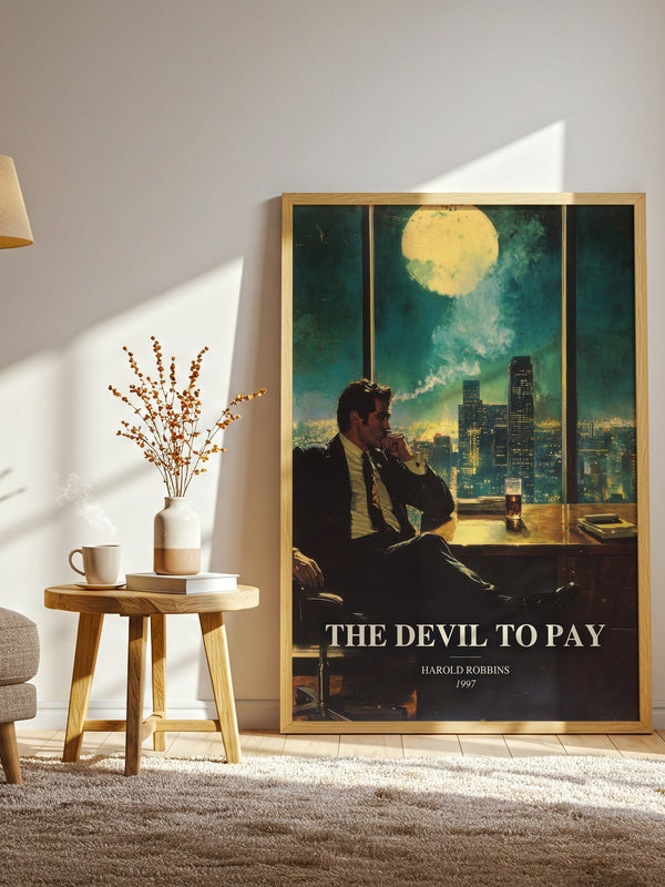 The Devil To Pay watercolour print in frame leaning in hallway – thriller wall art