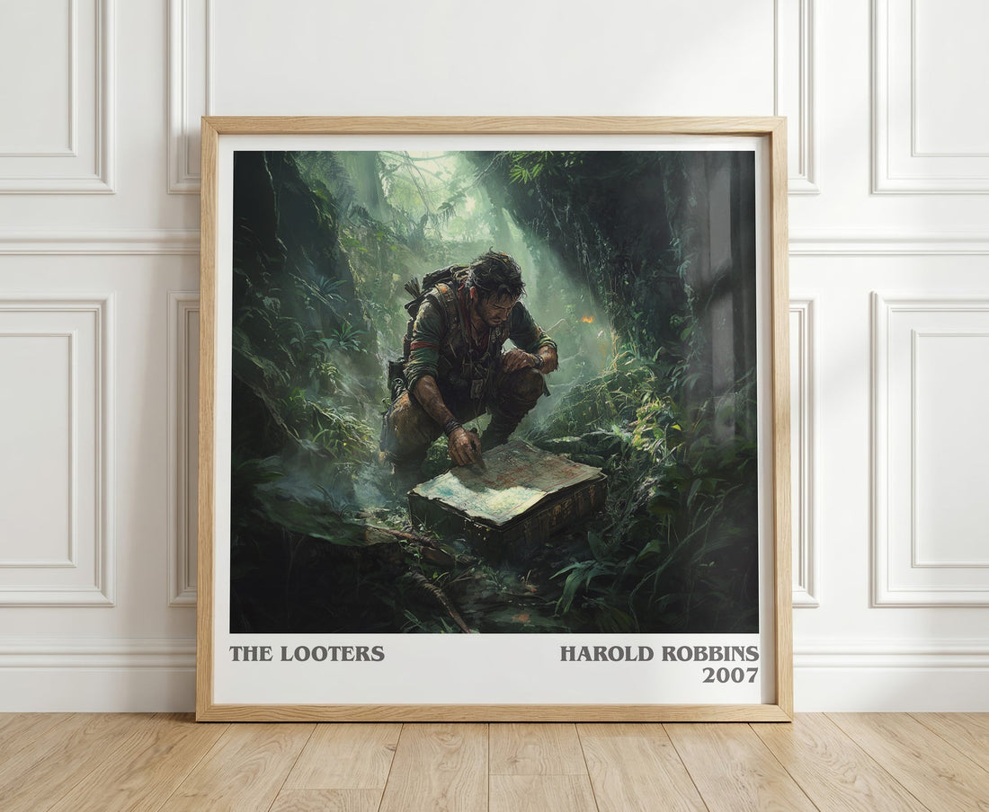 The Looters literary print in frame leaning in hallway – thriller wall art (mockup)