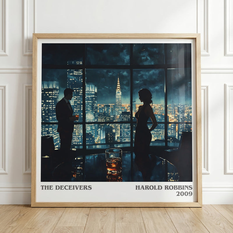 The Deceivers literary print in frame leaning in hallway – thriller wall art
