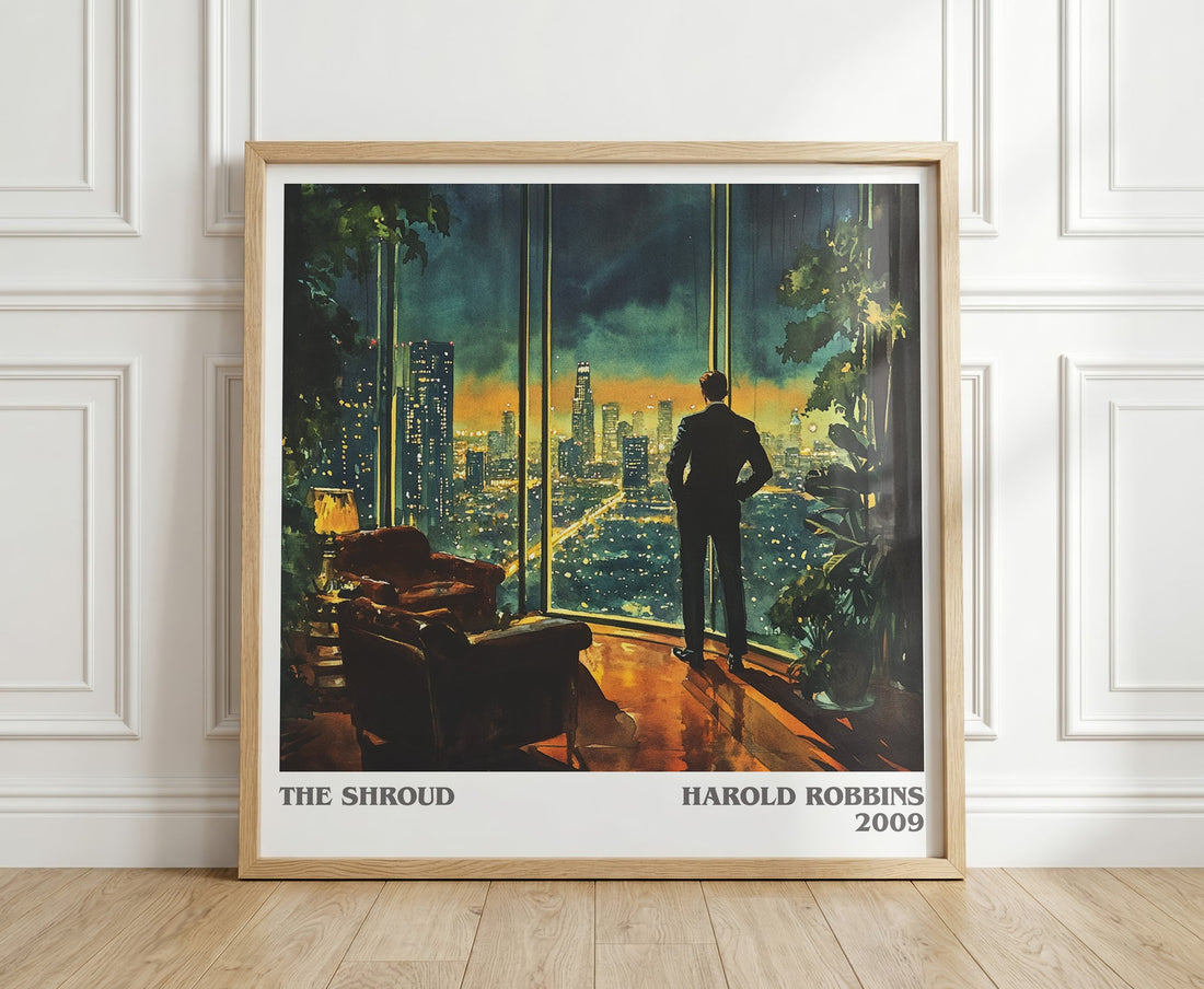 The Shroud literary print in frame leaning in hallway – thriller wall art (mockup)