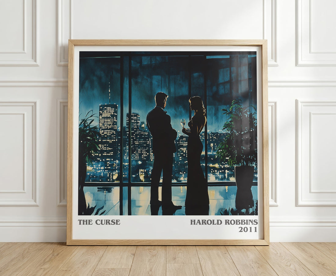 The Curse literary print in frame leaning in hallway – thriller wall art (mockup)