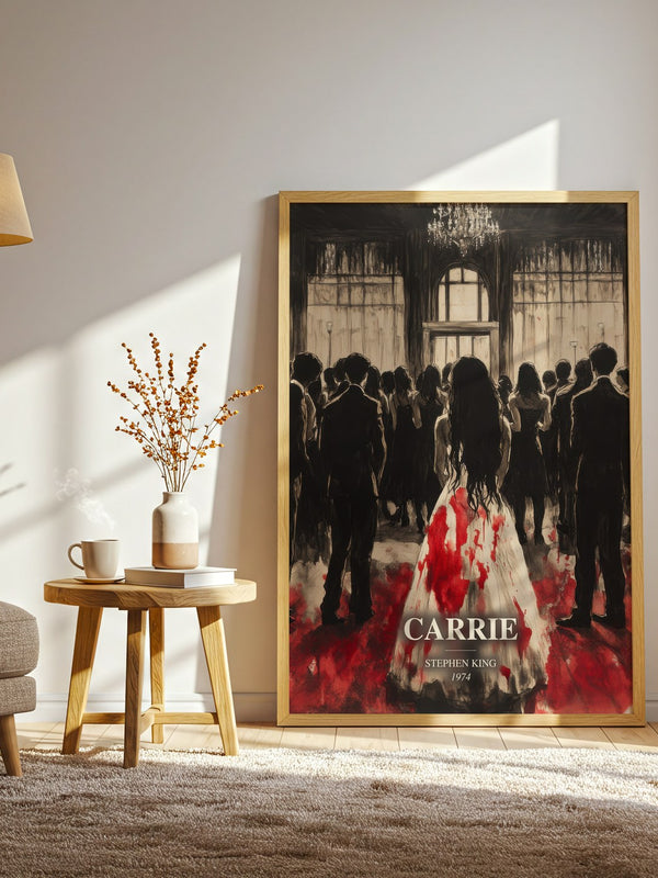 Carrie watercolour print in frame leaning in hallway – horror wall art