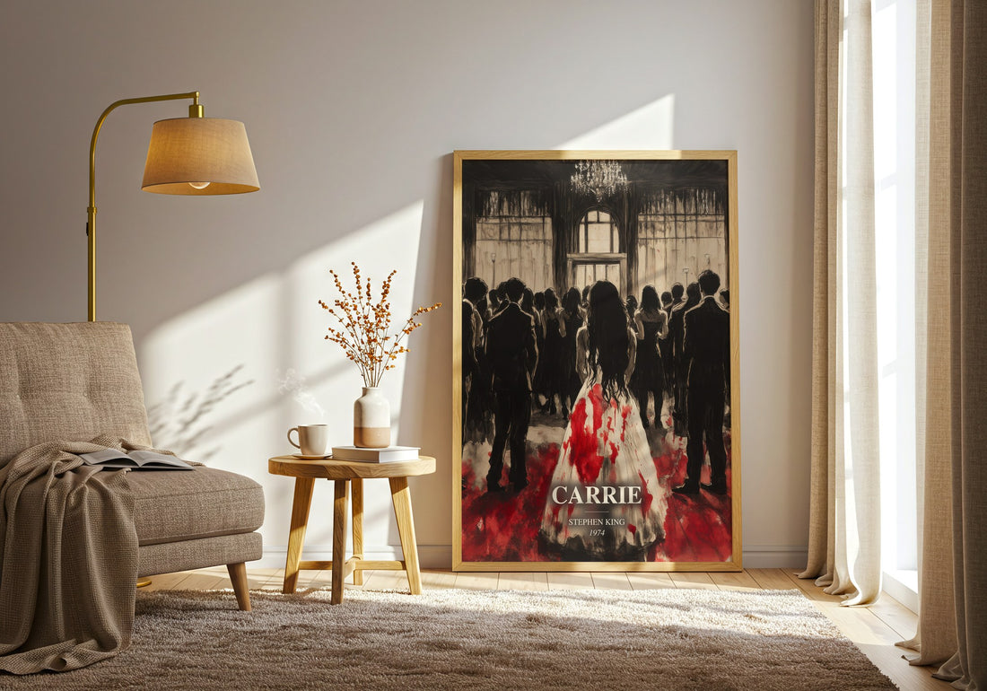 Carrie watercolour print in frame leaning in hallway – horror wall art (mockup)