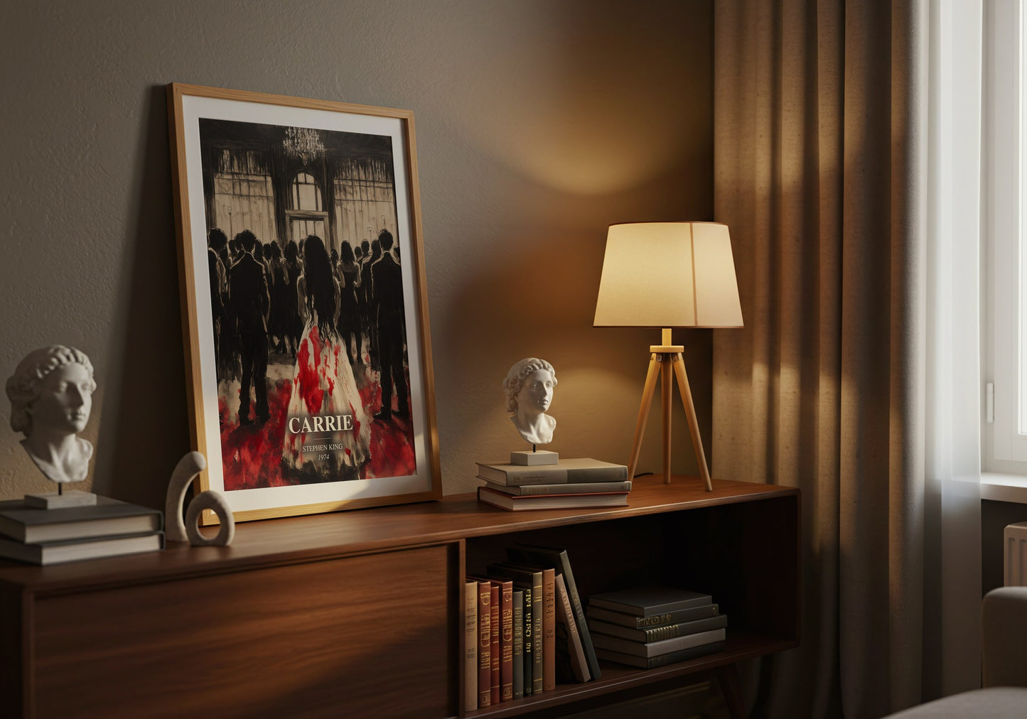 Carrie watercolour print on bookshelf – Stephen King fan gift