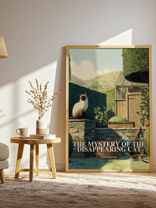 The Mystery Of The Disappearing Cat watercolour print in frame leaning in hallway – childrens wall art
