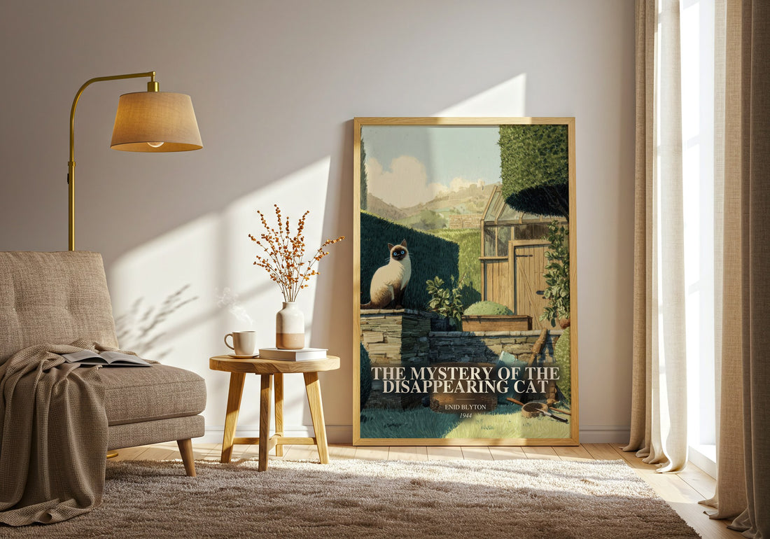 The Mystery Of The Disappearing Cat watercolour print in frame leaning in hallway – childrens wall art (mockup)