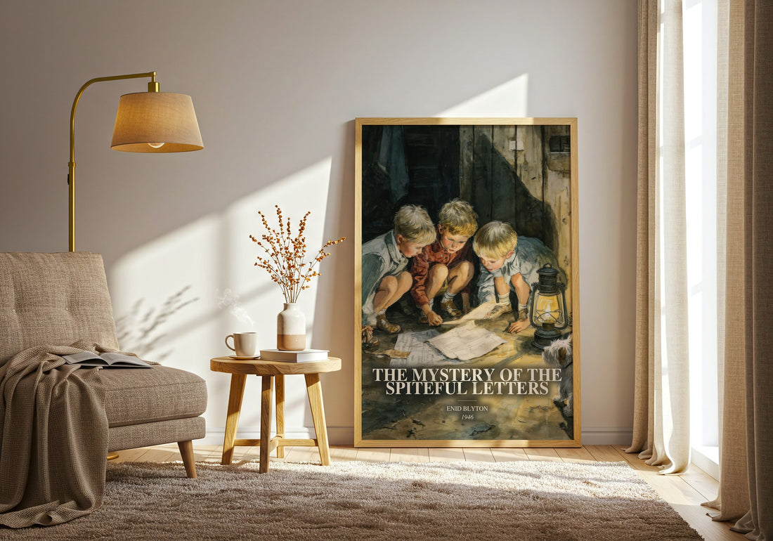 The Mystery Of The Spiteful Letters watercolour print in frame leaning in hallway – childrens wall art (mockup)