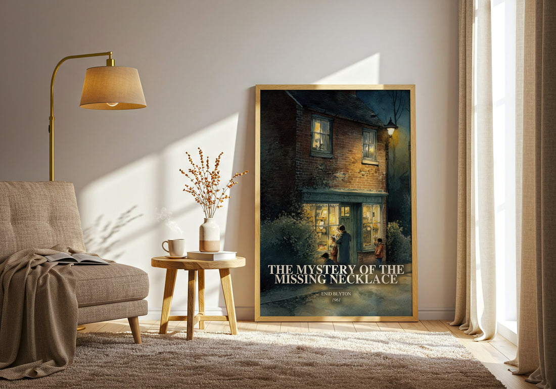 The Mystery Of The Missing Necklace watercolour print in frame leaning in hallway – childrens wall art (mockup)