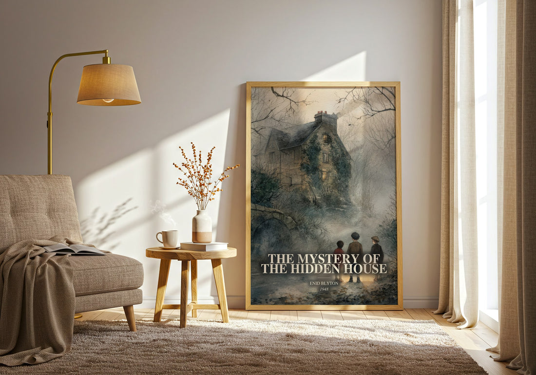 The Mystery Of The Hidden House watercolour print in frame leaning in hallway – childrens wall art (mockup)