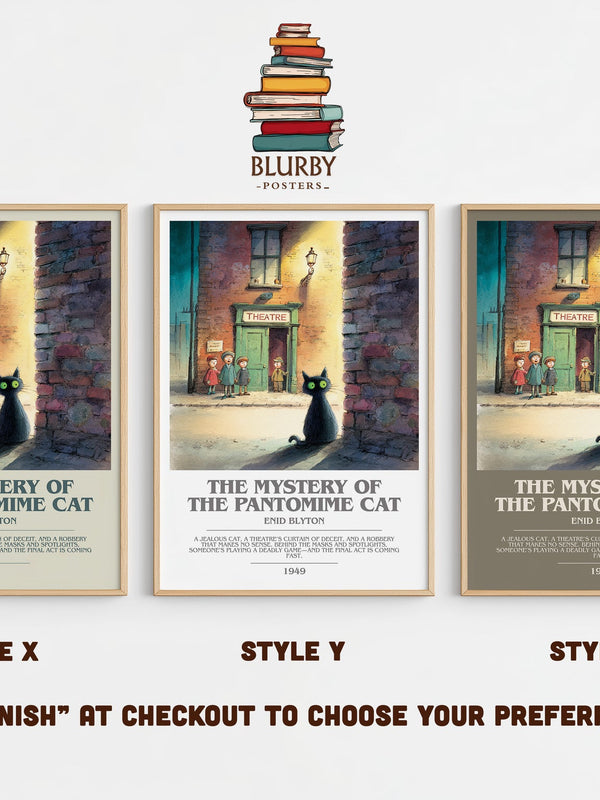 The Mystery of the Pantomime Cat bookish print in frame leaning in hallway – mystery wall art