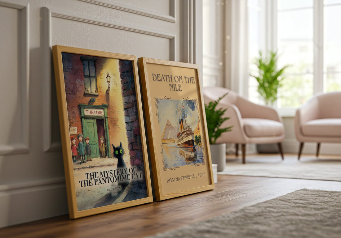 The Mystery Of The Pantomime Cat watercolour print framed by window – literary home decor