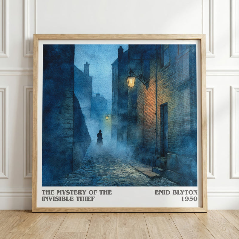 The Mystery of the Invisible Thief literary print in frame leaning in hallway – mystery wall art