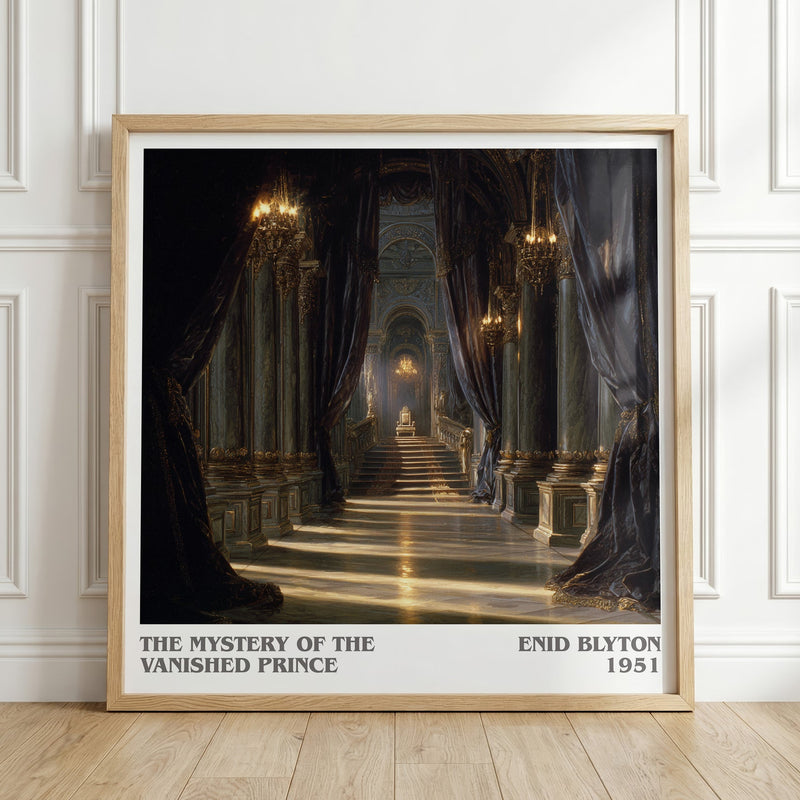 The Mystery of the Vanished Prince literary print in frame leaning in hallway – childrens wall art