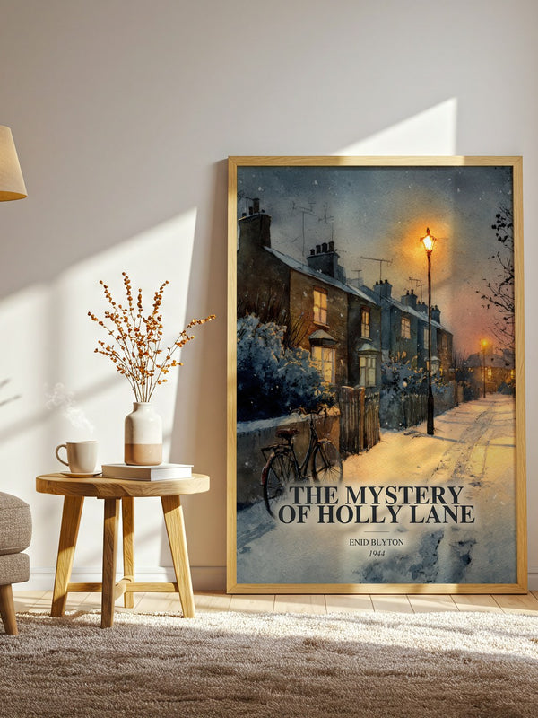 The Mystery Of Holly Lane watercolour print in frame leaning in hallway – childrens wall art