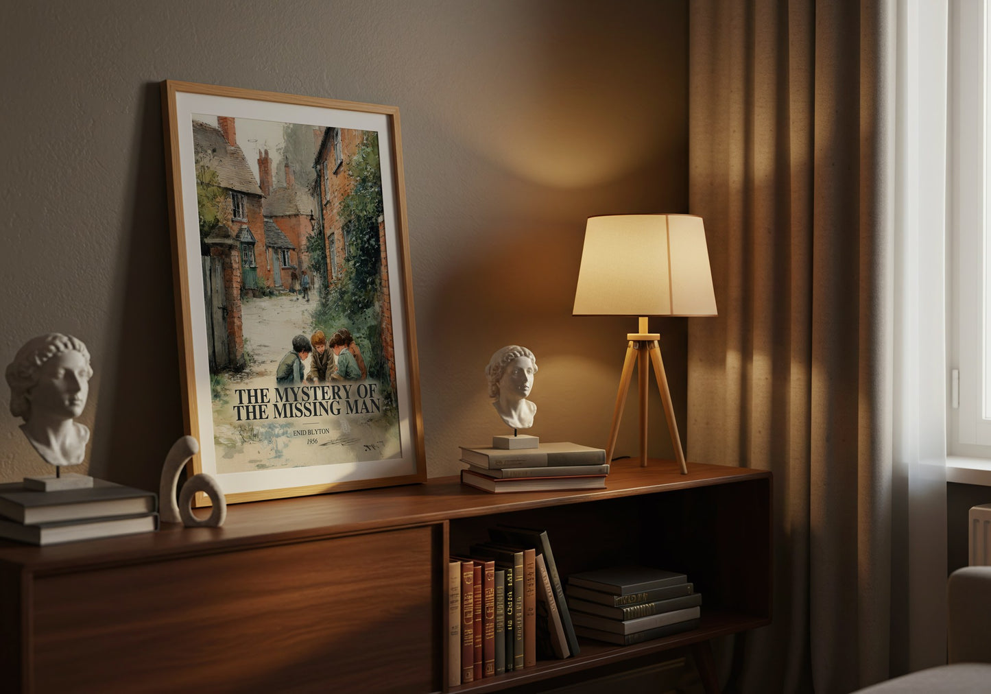 The Mystery Of The Missing Man watercolour print on bookshelf – Enid Blyton fan gift