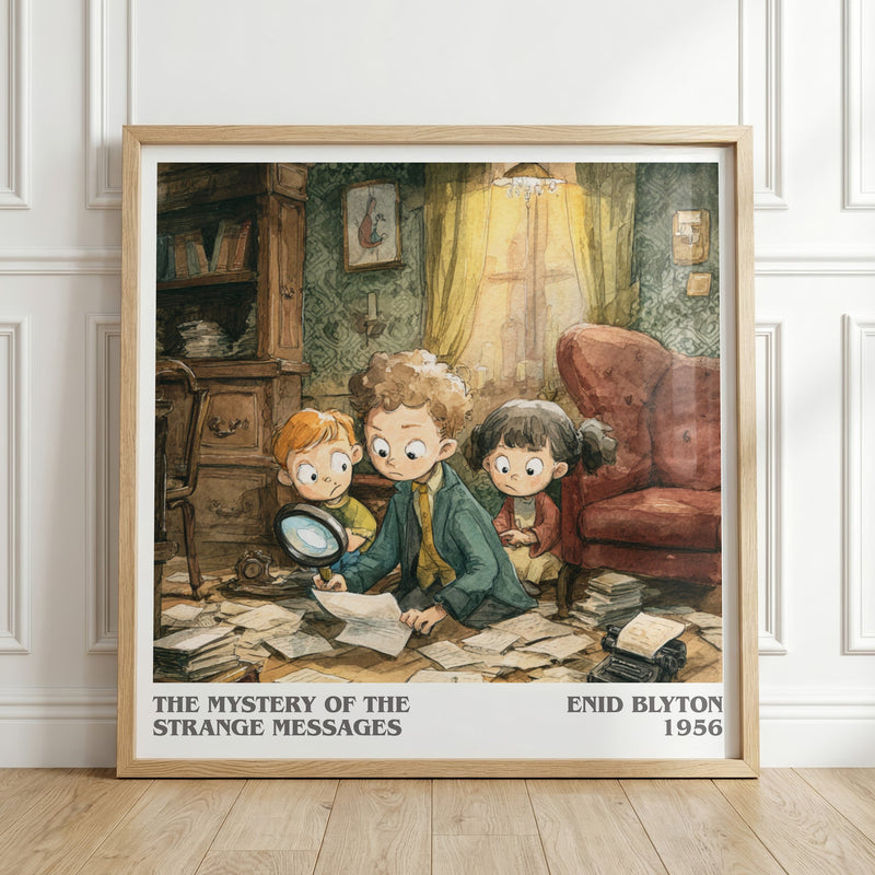 The Mystery of the Strange Messages literary print in frame leaning in hallway – childrens wall art