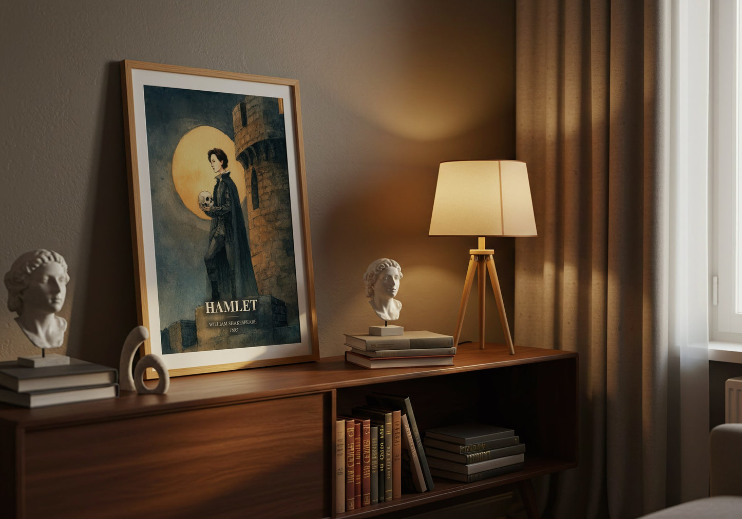 Hamlet watercolour print on bookshelf – William Shakespeare fan gift