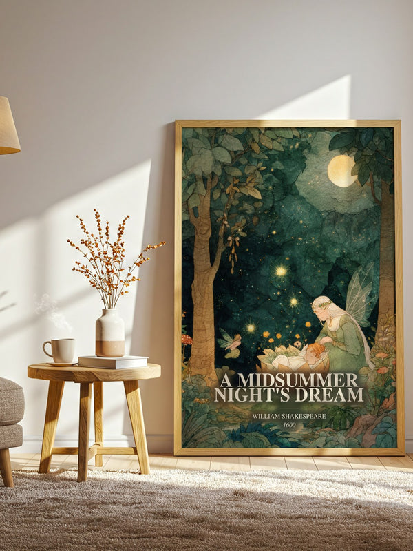 A Midsummer Night'S Dream watercolour print in frame leaning in hallway – classic literature wall art