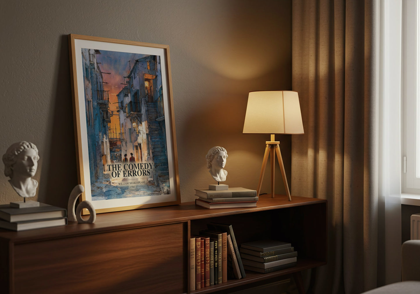 The Comedy Of Errors watercolour print on bookshelf – William Shakespeare fan gift