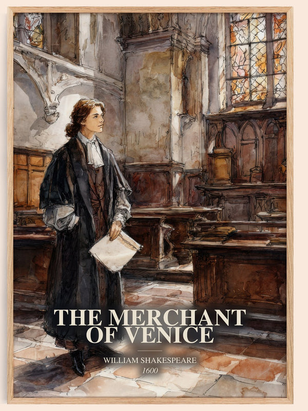 The Merchant Of Venice watercolour book poster by William Shakespeare – framed literary art print