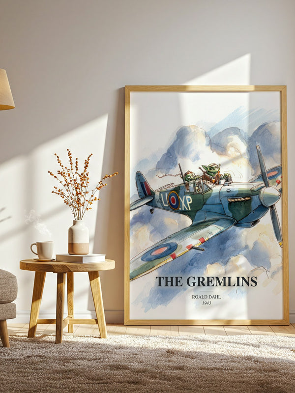 The Gremlins watercolour print in frame leaning in hallway – childrens wall art