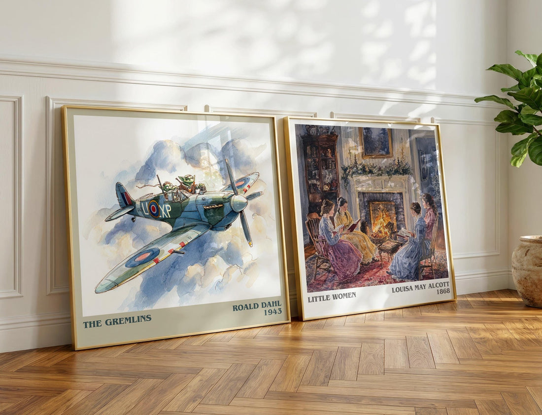 The Gremlins Literary Art Print by Roald Dahl – large square framed print leaning against a wall