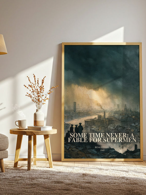 Some Time Never: A Fable For Supermen watercolour print in frame leaning in hallway – sci fi wall art