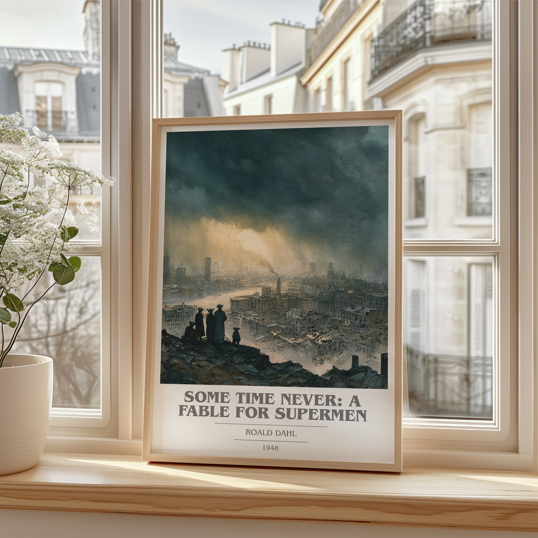 Some Time Never: A Fable for Supermen Book Cover Poster by Roald Dahl – framed print by a bright window