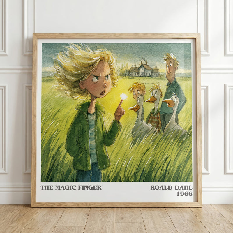 The Magic Finger literary print in frame leaning in hallway – childrens wall art