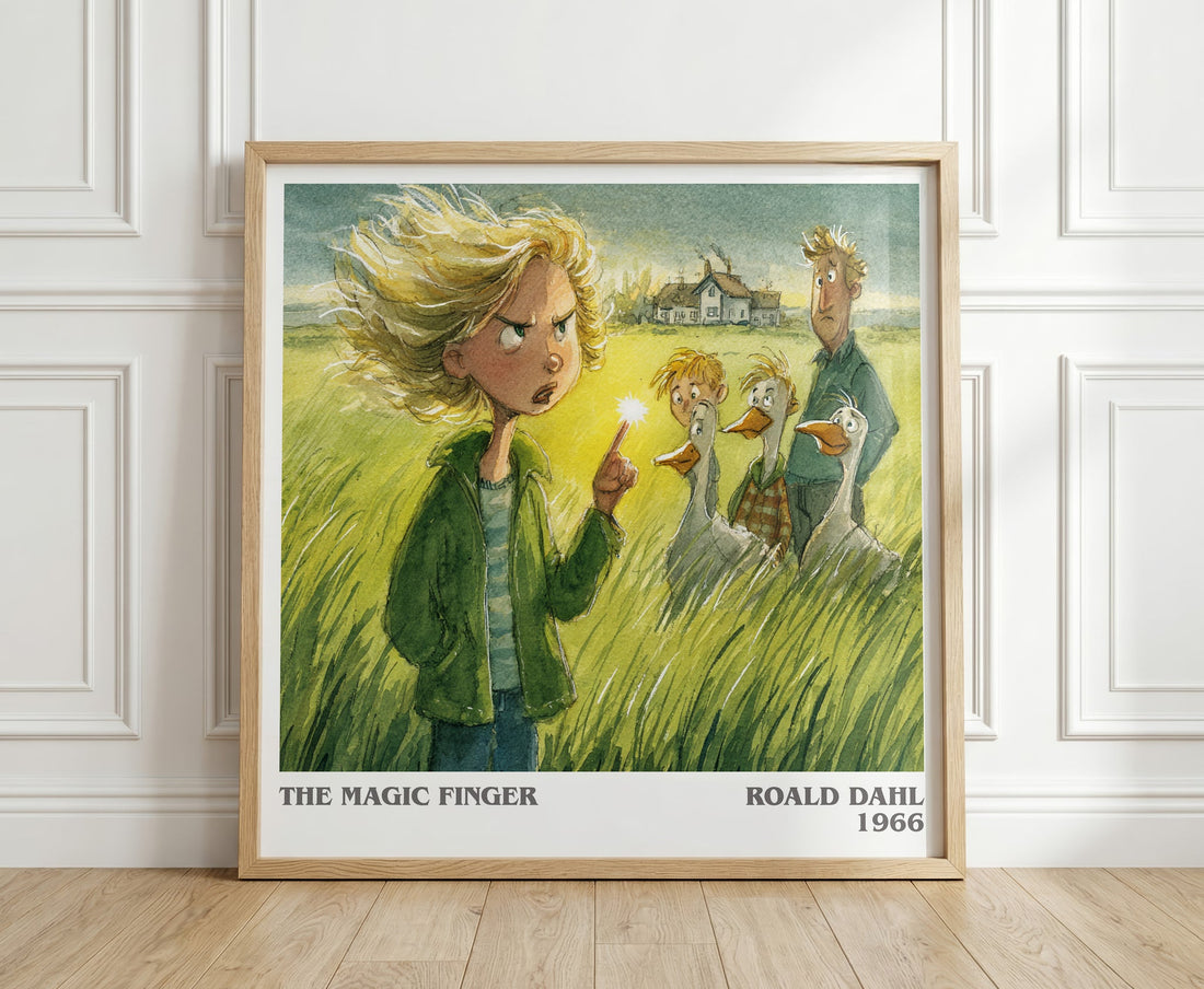 The Magic Finger literary print in frame leaning in hallway – childrens wall art (mockup)